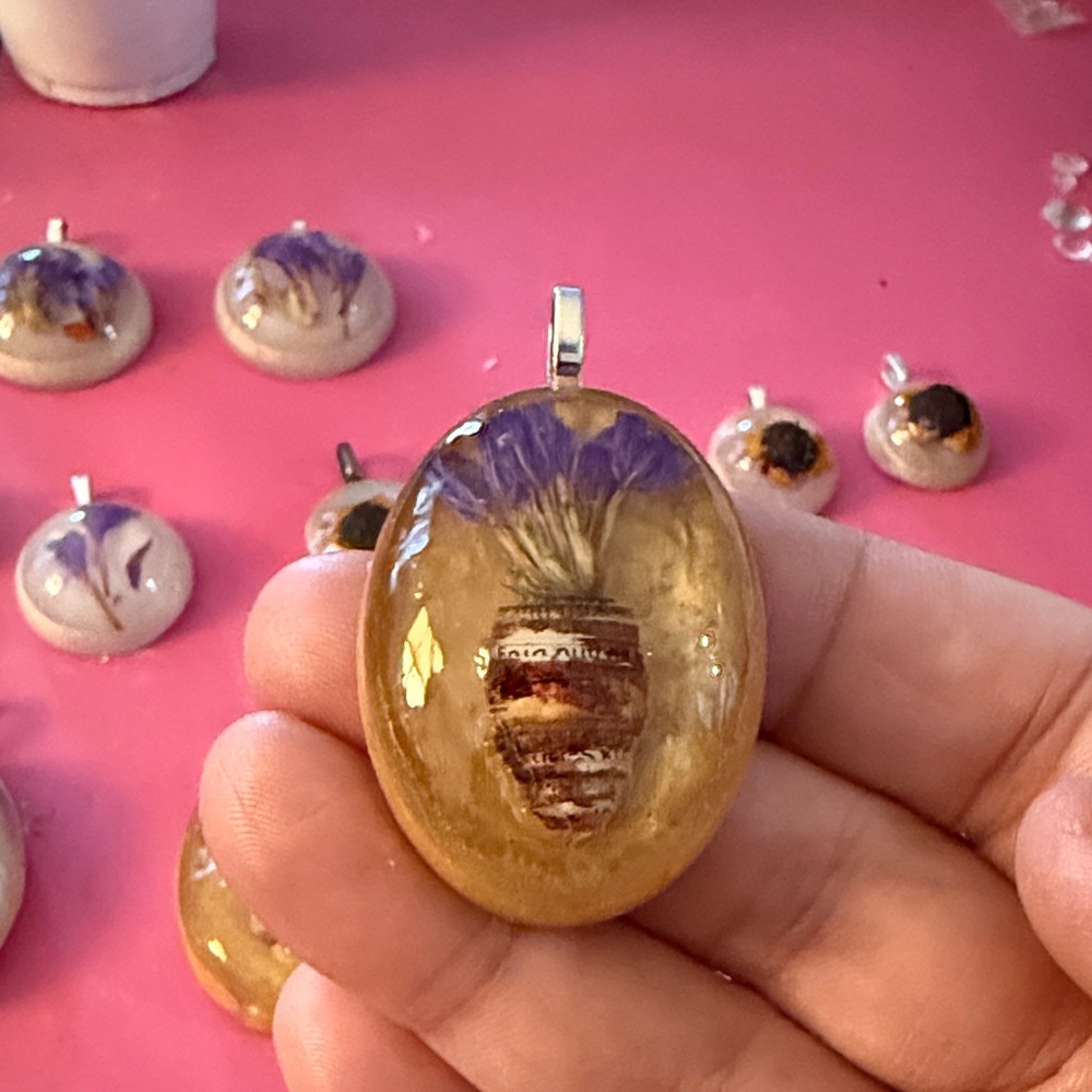 Unique Resin Artisan Gold and Purple Floral Pendant Necklace